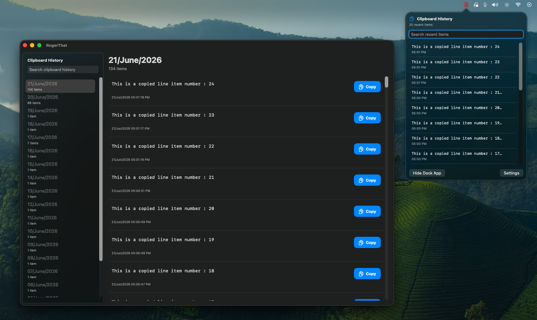 RogerThat showing both Dock App and Menu Bar popover side by side