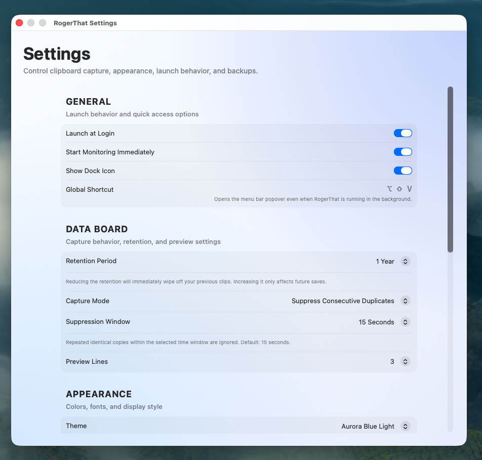 Settings page 1