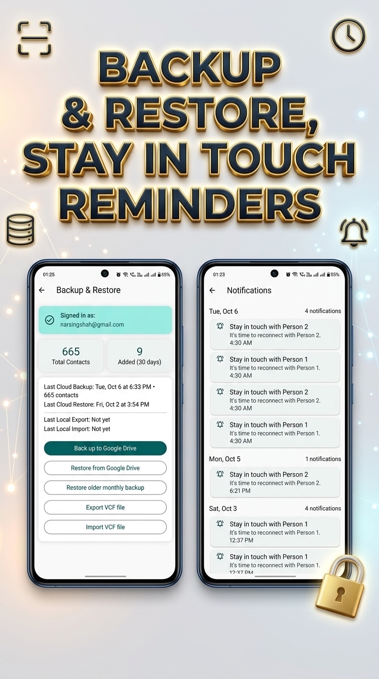 VaultCard backup and restore screen with stay-in-touch notifications