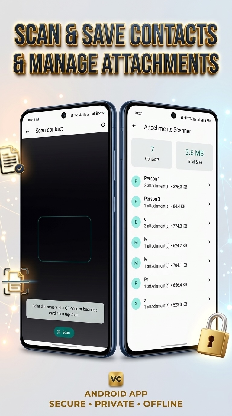 VaultCard scan contact and attachments scanner screens