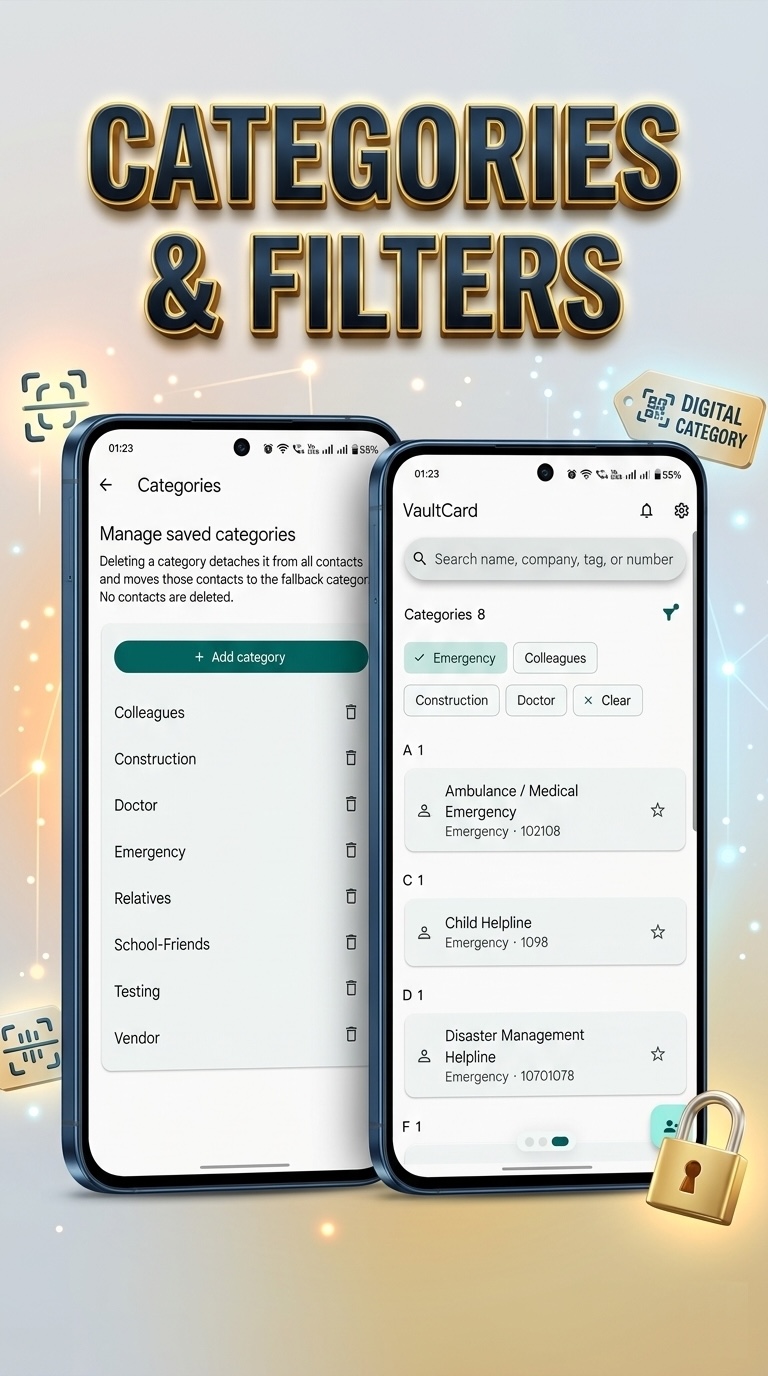 VaultCard categories and filters showing organized contact management