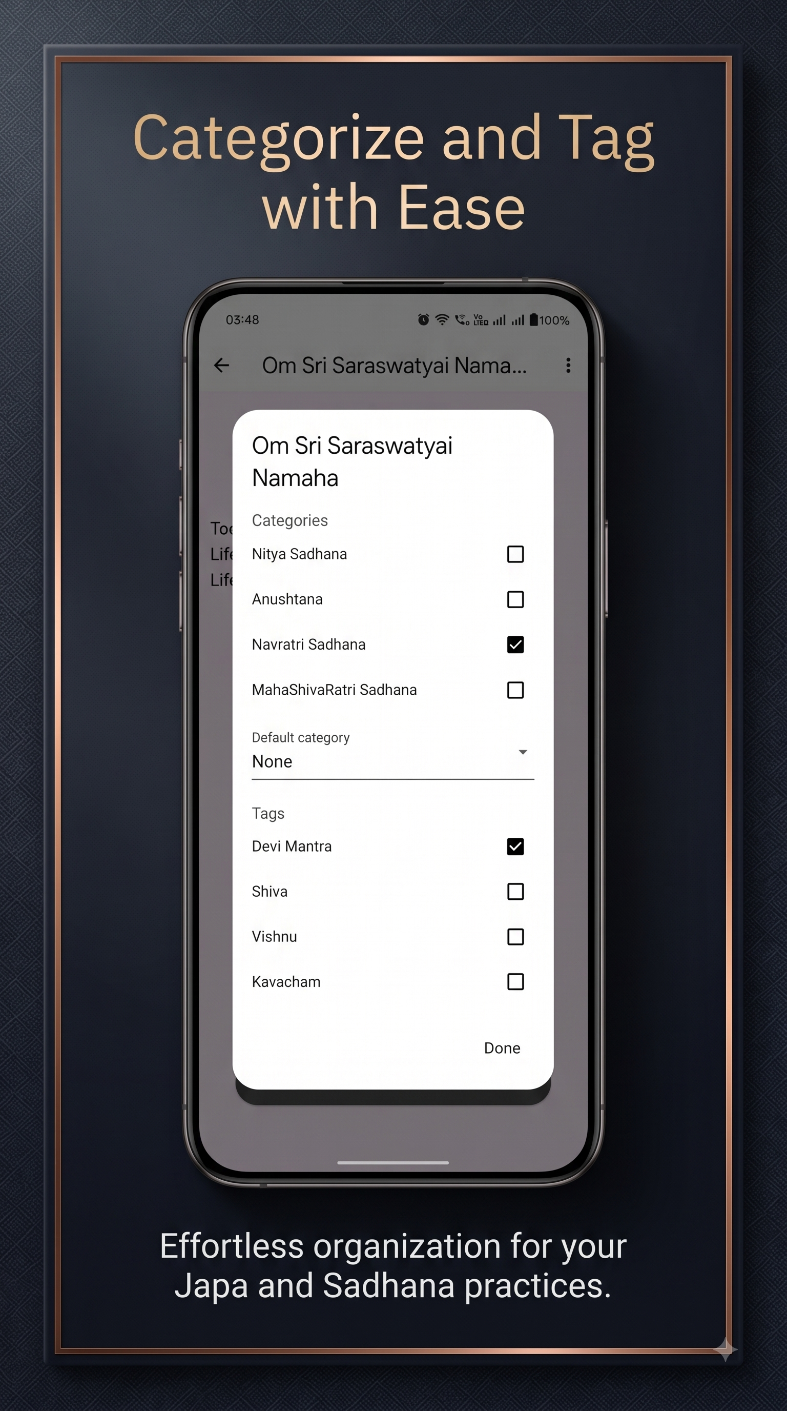 Categories and tags dialog showing mantra organization options