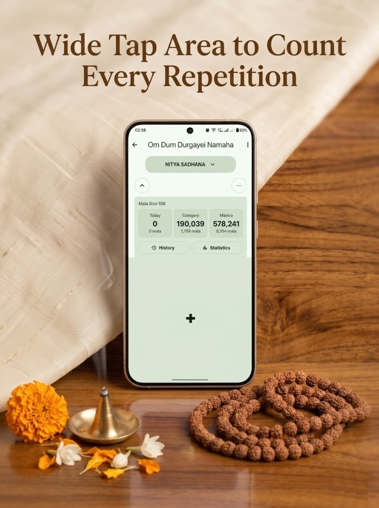 Mantra Japa Tracker counter interface showing tap-to-count with mala tracking